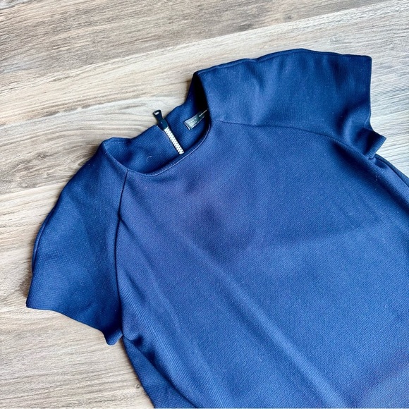 Zara TFR Midnight Blue Ribbed Hem Zip-Up A-Line Mini Dress with Pockets Size S - Picture 3 of 11